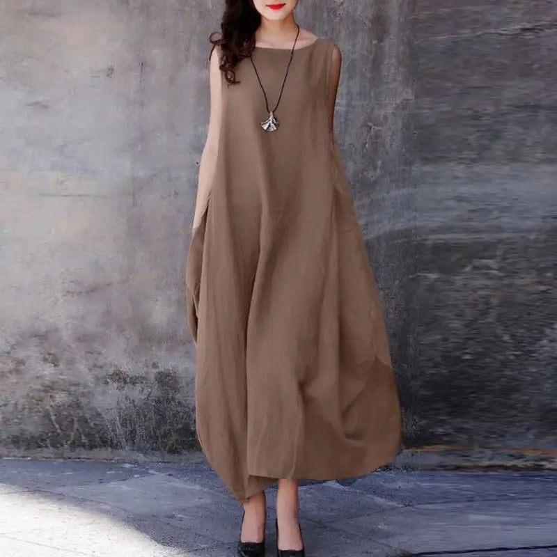 ZANZEA Sommer Mode Urlaub Kleid Robe Femme Frauen Elegante Ärmellose Maxi Vestidos 2024 Casual Lose Sommerkleid Oversize Kaftan.