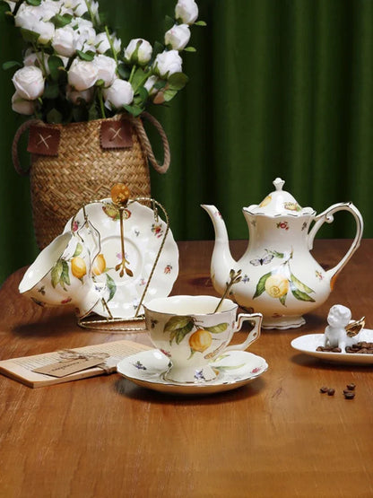 European Style Ceramic Mug Coffee Cup and Saucers Set Lemon Pattern Retro Afternoon tea cup Dessert Plate Teapot Home kettle.