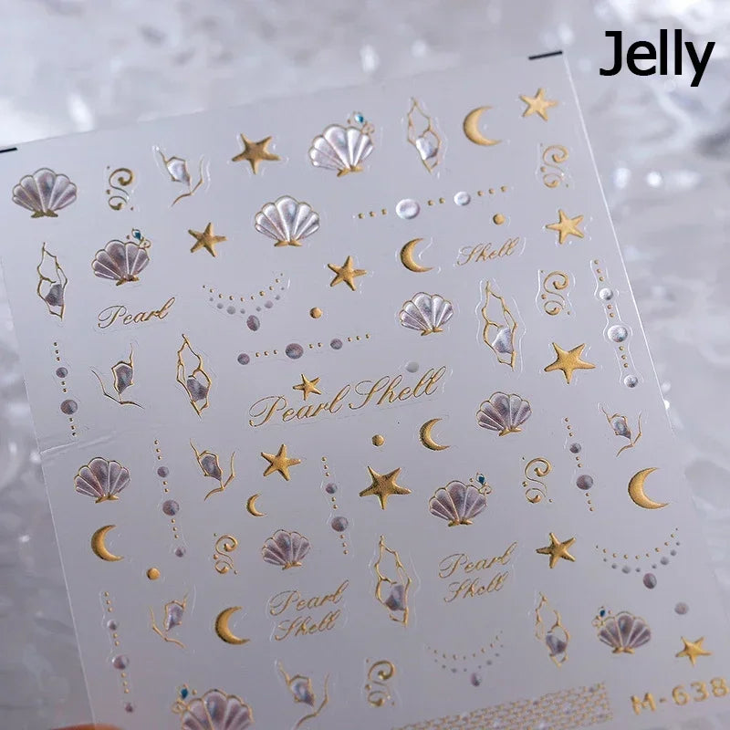 Ocean Theme 5D Nail Sticker Summer Beach Seashells Starfish Conch Scallop Shell Coral Self Adhesive Decoration Manicure Decal