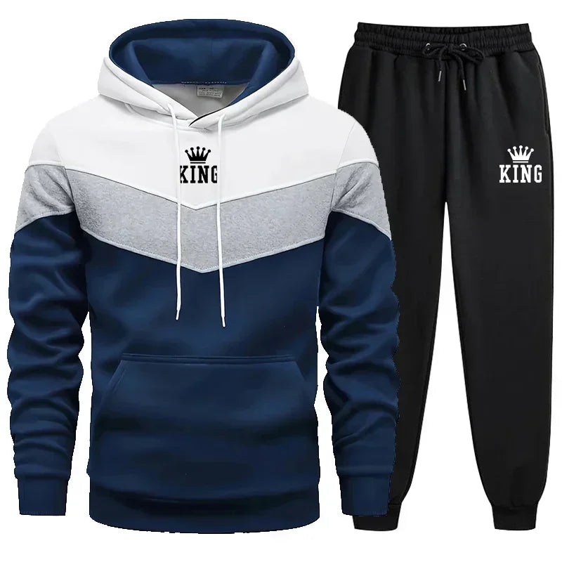 Mens Tracksuit King Printing Sports Suit Sports Hoodie+Pants 2 Piece Suit Casual Sweatshirt Suit Jogging Men's Splicing Clothing.
