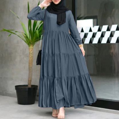 ZANZEA Muslim Fashion Tiered Long Dresses Women Islamic Hijab Style Casual Long Sleeve O Neck Maxi Vestidos Solid Abaya Robes.