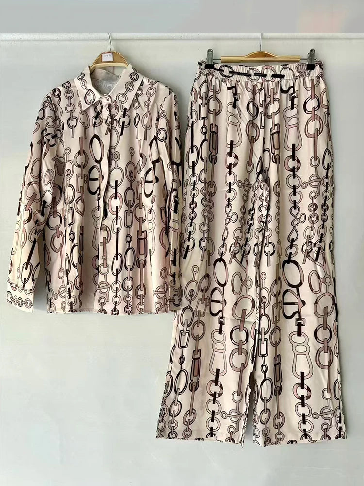 2025 Spring women's retro geometric print lapel loose long-sleeved shirt two-piece + elastic waist wide leg pant suit.