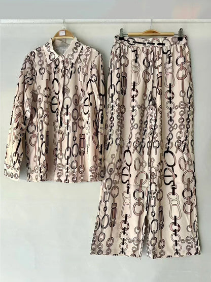2025 Spring women's retro geometric print lapel loose long-sleeved shirt two-piece + elastic waist wide leg pant suit.