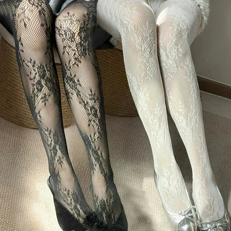 Classic Lolita Hollowed Out Lace Mesh Stockings Bottomed Pantyhose Japanese Lolita Retro Floral Rattan White Hosiery Hot Tights