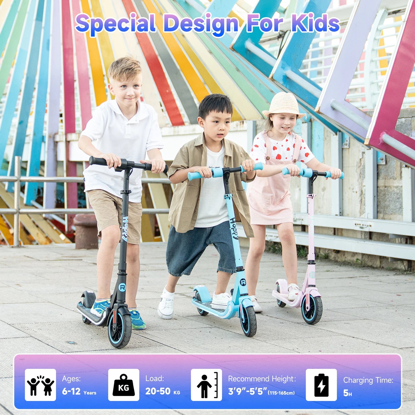 RCB Kids e-Scooter for Children 6-12 Years, 150 W Motor - Max 16 km/h - Rainbow Light-folk Electric Scooter Children.