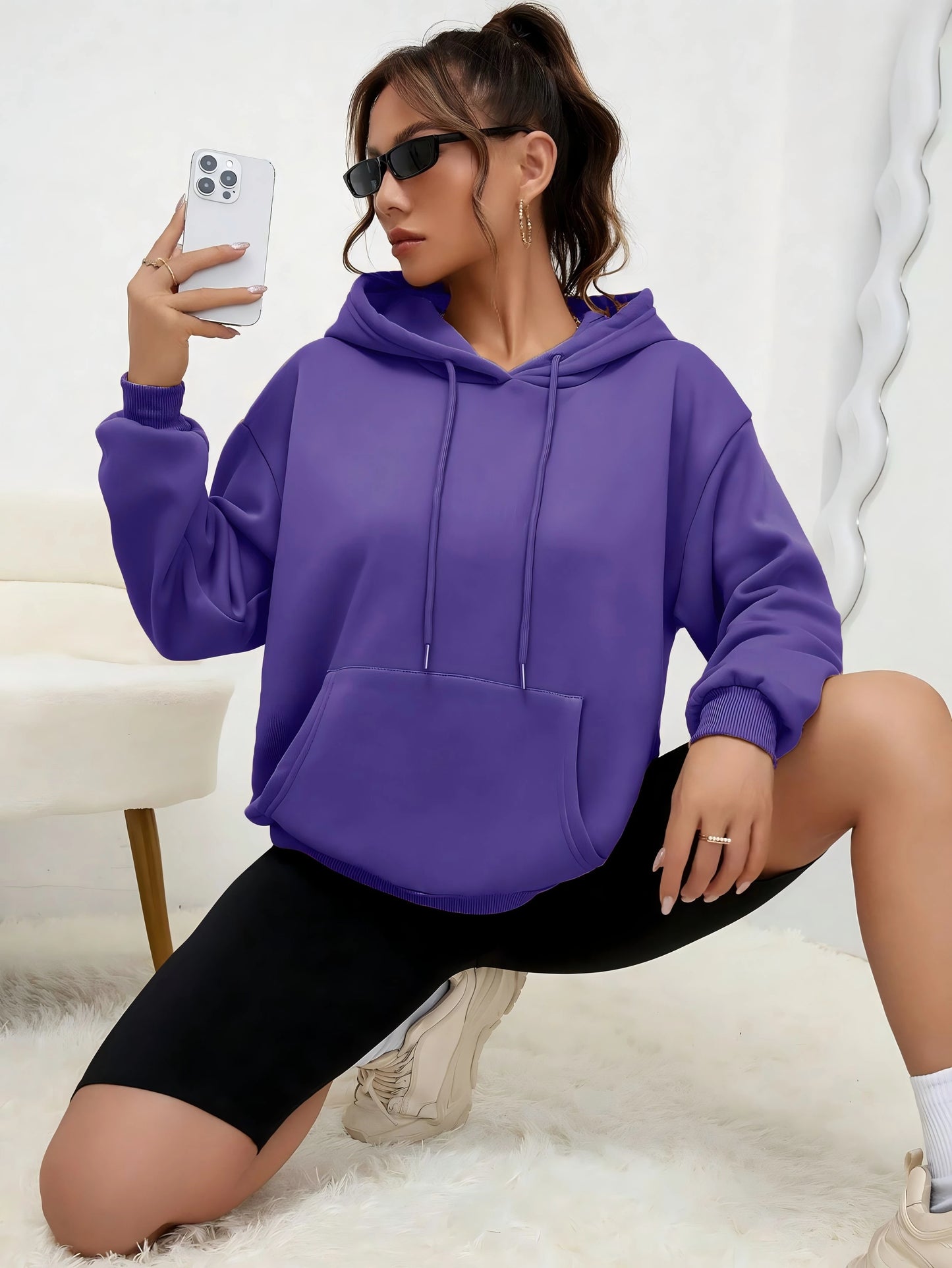 Einfarbiger Hoody für weibliche Herbst modische Kleidung lässige Fleece Tasche Hoodies mehrfarbige Unisex Frauen Streetwear