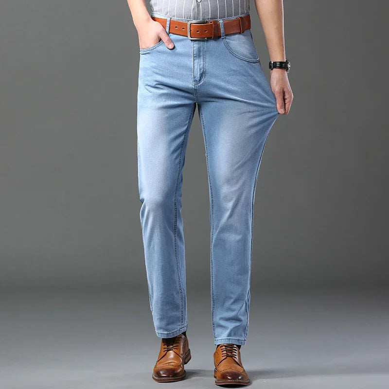 Spring Autumn Business Men Jeans Casual Straight Stretch Fashion Classic Black Sky Blue Grey Work Denim Trousers Brand Clothing.