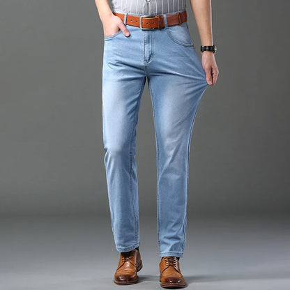 Spring Autumn Business Men Jeans Casual Straight Stretch Fashion Classic Black Sky Blue Grey Work Denim Trousers Brand Clothing.
