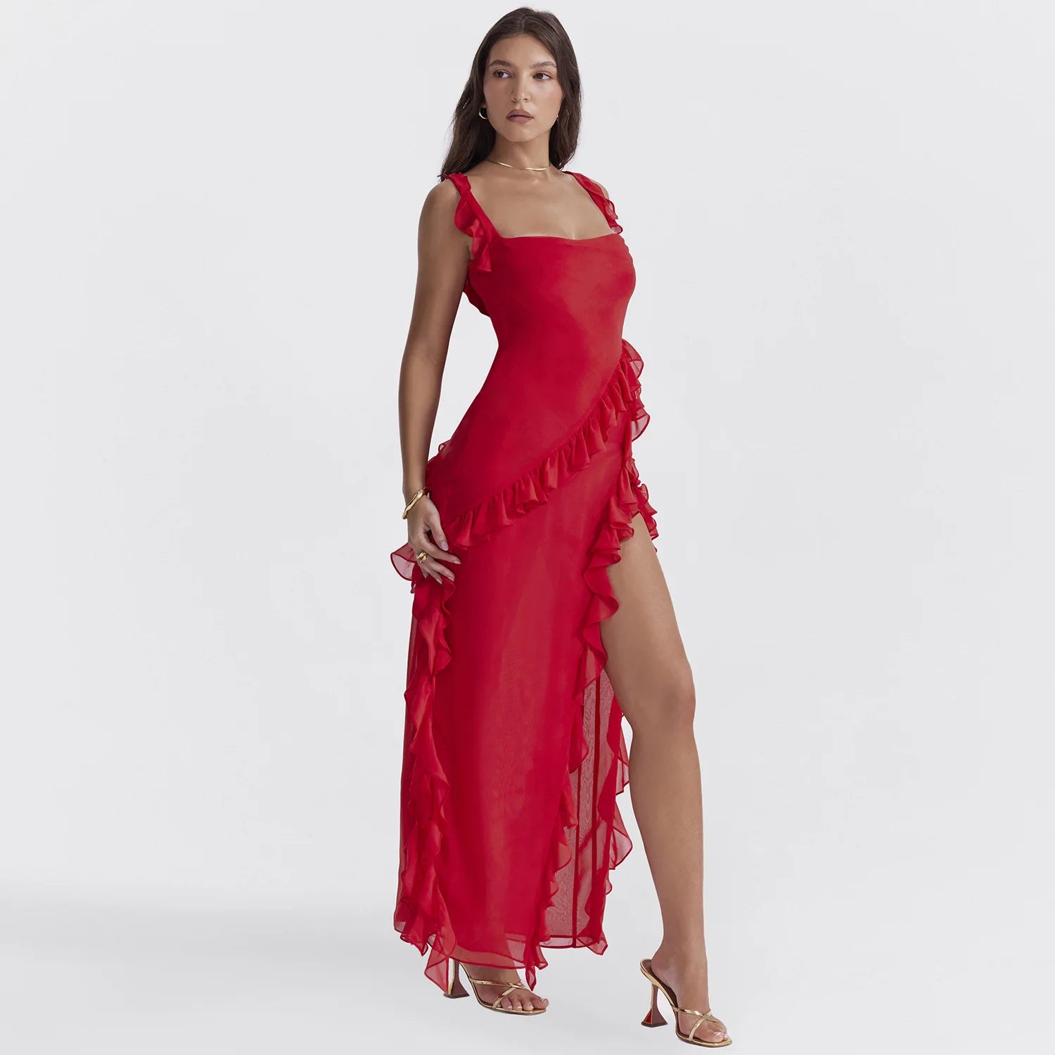 Mode Bodycon Split Unregelmäßige Rüschen 2025, Sommer Frauen Sexy Backless Ärmellose Kleider Hohe Taille Elegante Halter Party Kleid.