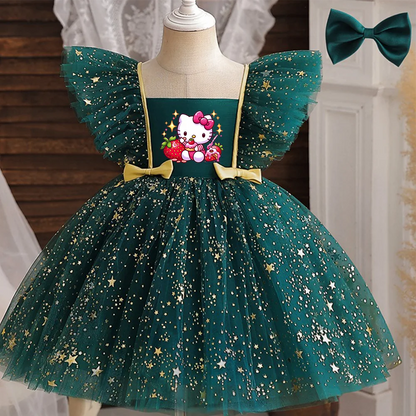 Hello Kitty Prinzessinnenkleid für Mädchen, Pailletten, Stern, Rüschen, Schleife, Tutu-Kleid, Baby, formelles Gala-Abschlussballkleid, Kinder-Abendparty-Kostüm