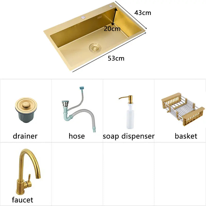 Goldene Küchenspüle über der Theke, Einzelschüssel aus Edelstahl 304, Goldkorb, Abtropffläche, Seifenspender, Waschbecken
