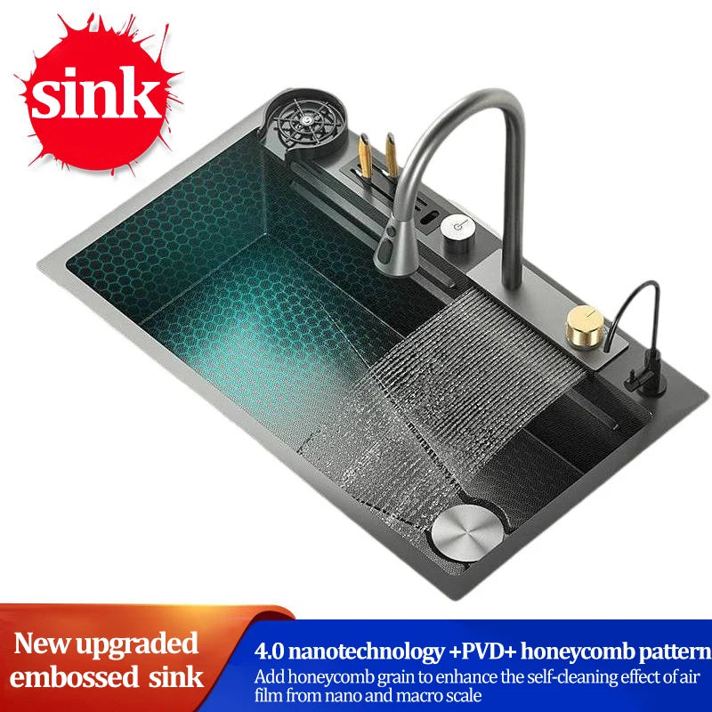 Kitchen Sink 304 Stainless Steel Rain Waterfall Single Trough Honeycomb Large Single Trough Washing Basin