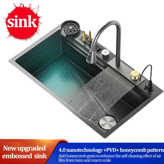 Kitchen Sink 304 Stainless Steel Rain Waterfall Single Trough Honeycomb Large Single Trough Washing Basin