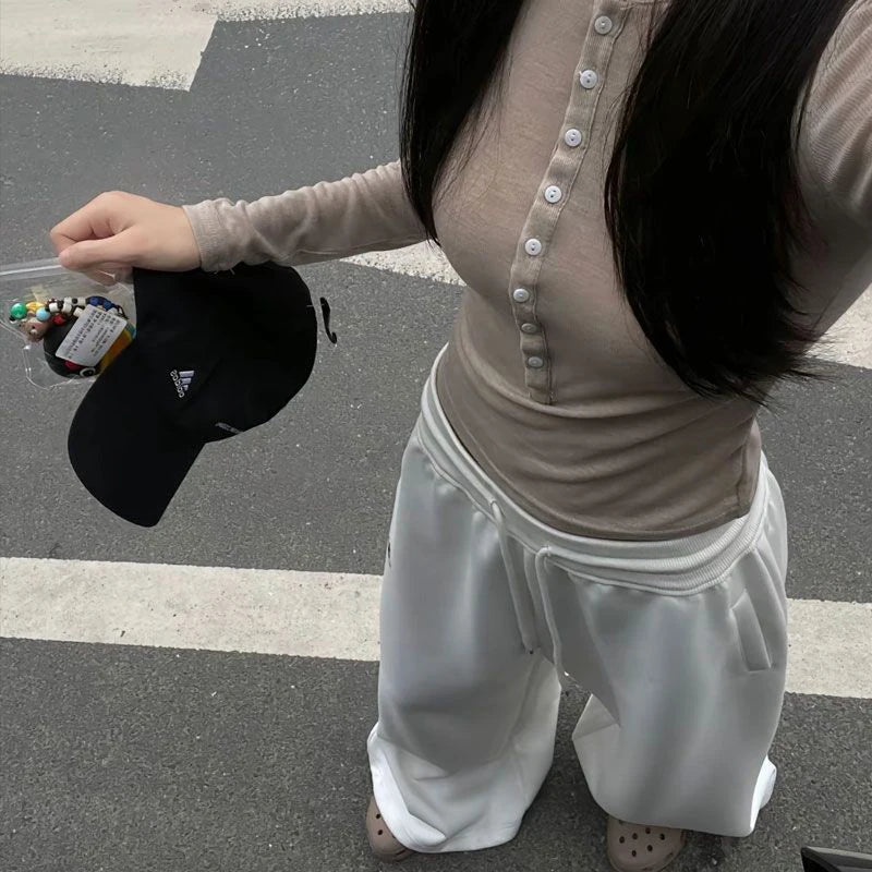 Oversize Cotton Pants Woman Y2K Casual Drawstring Trousers Korean Streetwear High Waist All Match Jogger Pants Grey Sweatpants.