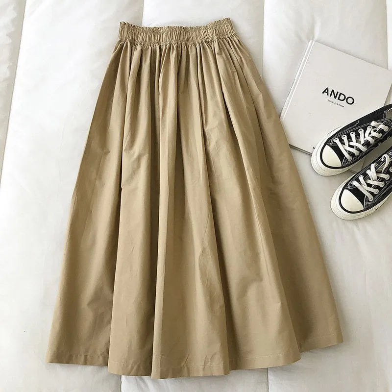 Women Black skirt midi High waist korean style Pleated a line Vintage Clothing 2025 new Summer Casual Fashion Ladies Work Wear.