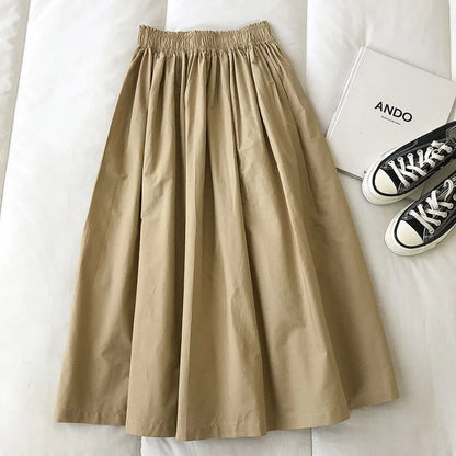 Women Black skirt midi High waist korean style Pleated a line Vintage Clothing 2025 new Summer Casual Fashion Ladies Work Wear.