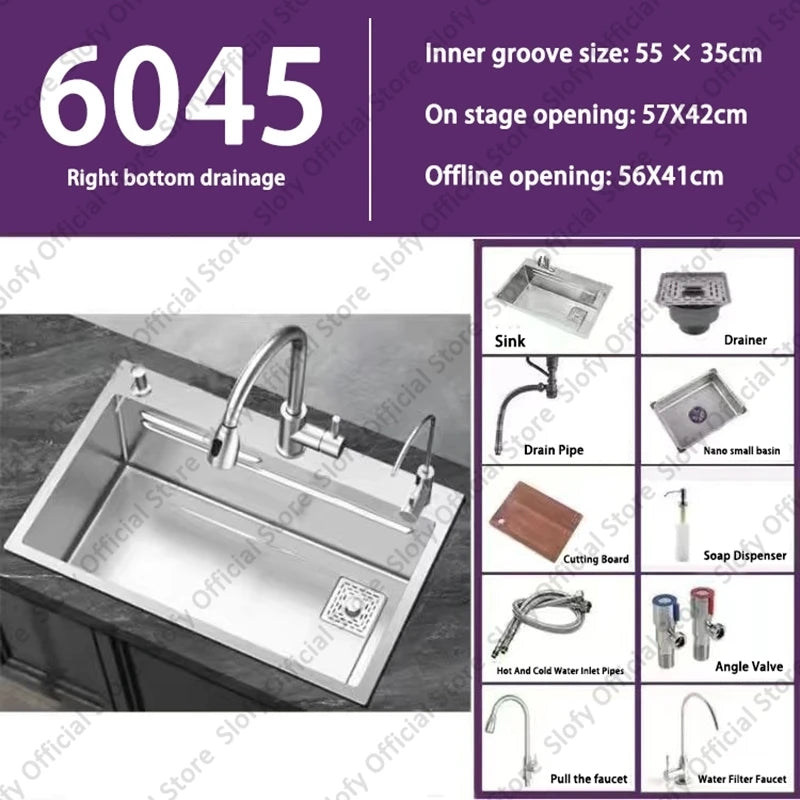 Küchenspüle aus Edelstahl 304, großes Fassungsvermögen, Wasch-/Schnitt-/Abfluss in einem, komplettes Set, multifunktionale Gemüse-Arbeitsstation für den Haushalt