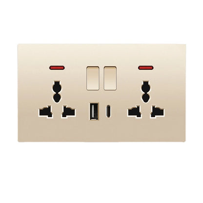 UK Standard 13A Gold USB Stecker Wandsteckdose Lichtschalter, 220V Universal 6-Loch-Doppelsteckdose mit 2,1A USB-Ladeanschluss