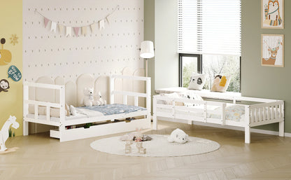 Rosahqnda Massivholz-Bettgestell 90 x 200 cm, Kinderbett mit Schubladen und Kopfteil für Bücher, Einzelzimmer, Weiß