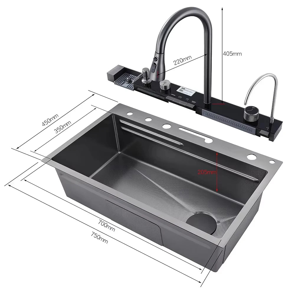 Wasserfall-Küchenspüle aus Edelstahl 304, großes Einzelschlitz-Wasserhahn-Set mit integrierter Digitalanzeige, Seifenspender, 75 x 45 cm
