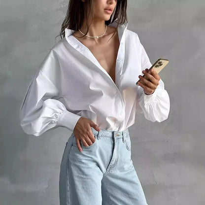 Women's Lantern Sleeve Oversized Blouse 2025 New Casual Loose Streetwear Black White Shirt Woman Vintage All-Match Basic Blusas.