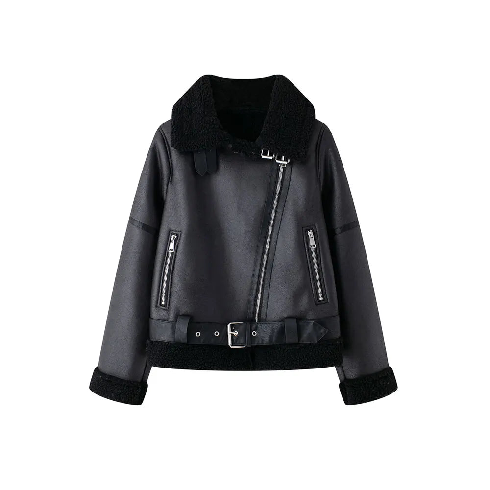 TRZA-Damen-Jacke aus dickem, warmem Wildleder mit Gürtel, langärmlige Mäntel, Kunstscheren, weibliche Oberbekleidung, schicke Oberteile, Wintermode.