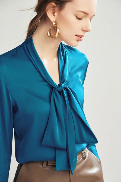 Silk Shirt Women's Thick Temperament Streamer 2025 Spring and Summer New Mulberry Silk Lace-up Design Shirt Long-sleeved Top.