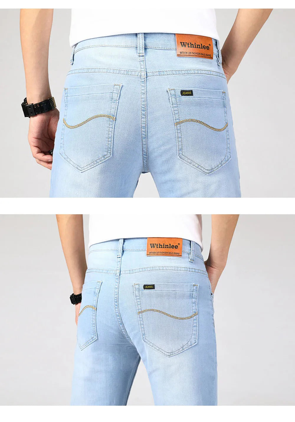 Wthinlee Spring Summer Business Jeans Men Light Blue Casual Straight Stretch Fashion Classic Work Denim Trousers Brand Clothing.