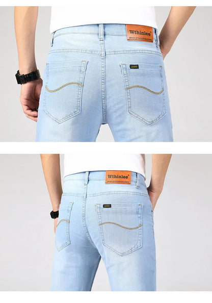 Wthinlee Spring Summer Business Jeans Men Light Blue Casual Straight Stretch Fashion Classic Work Denim Trousers Brand Clothing.