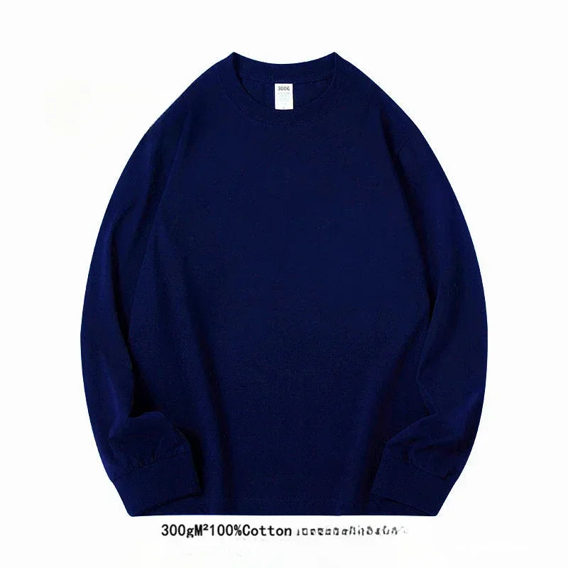 Spring Autumn 300g Heavy-duty Pure Cotton Long Sleeved  T-shirt FLoose White Top Thick Base Layer Underneath for Men and Women.