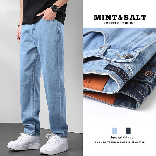Light Blue American Retro Jeans Men Soft Loose Straight Cylinder High Street Workwear Casual Loose Legs Pants.