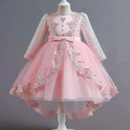 Party-Tüll-Kleider für Mädchen, langärmelig, Spitze, Perlen, nachgestelltes Prinzessinnenkleid für Kinder, Hochzeit, Geburtstag, Performance, Abendkleid.