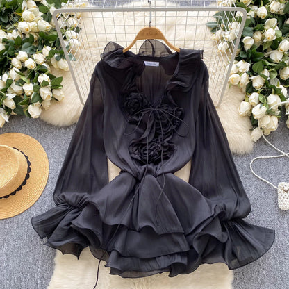 SINGREINY 3D Floral Strand Kurzes Kleid Weibliche Lange Ärmel Spitze Up Rüschen Chiffon Kuchen Sommerkleid Sheer Sexy Vintage Bohemian Kleid.