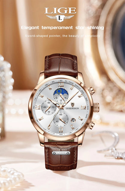 LIGE Luxury Fashion Women Watch Leather Strap Waterproof Casual Sport Quartz Wristwatch 24 hour Moon Phase Clock Watch for Women.