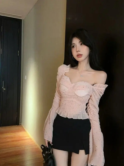 New Women's One Shoulder Flared Sleeve Top Pink Sweet and Spicy Top Niche and Unique Shirt.