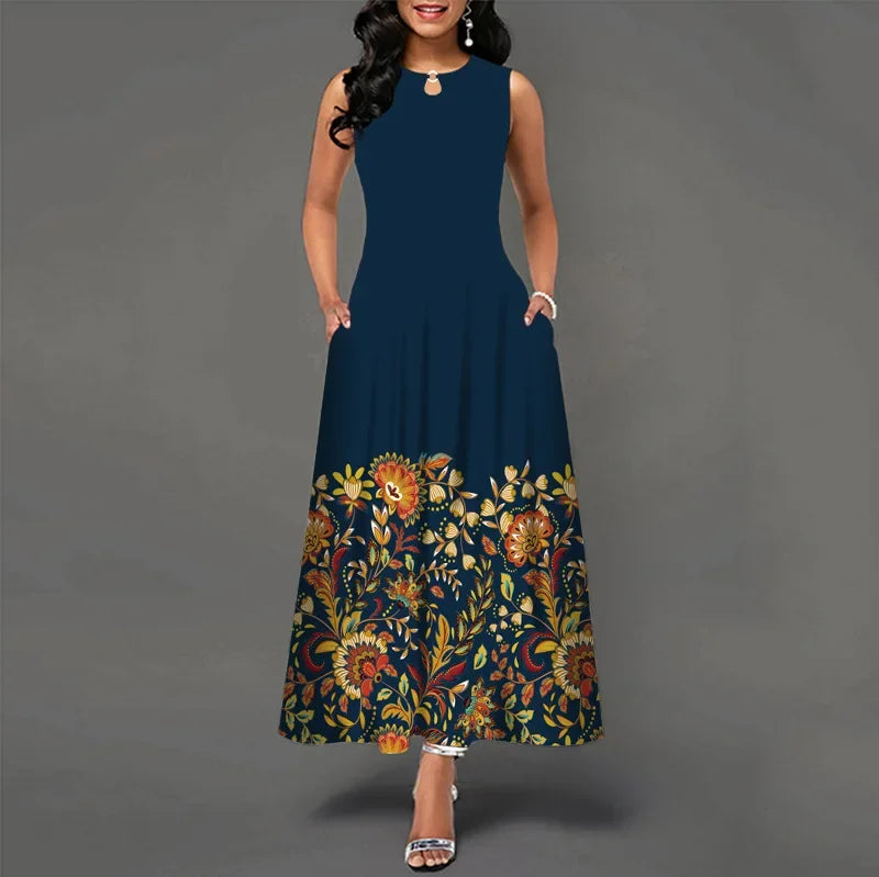 Blumendruck Neues lässiges ärmelloses langes Kleid Damen V-Ausschnitt bedrucktes Kleid Swing Bohemian Retro Kleider
