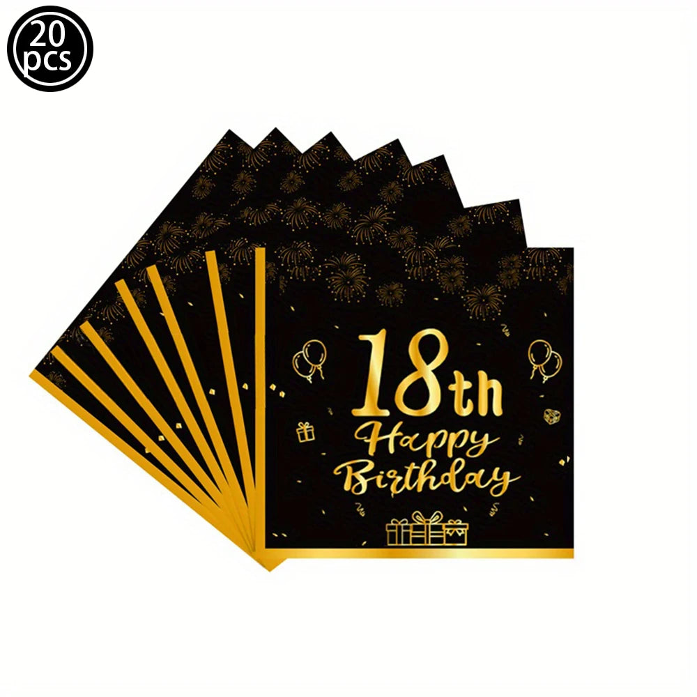 Dekore zum 18. Geburtstag für Jungen und Mädchen, Schwarz-Gold, Party-Banner, Ballon-Tischdecke, Teller, Tasse, Serviette, Partyzubehör zum 18. Geburtstag.