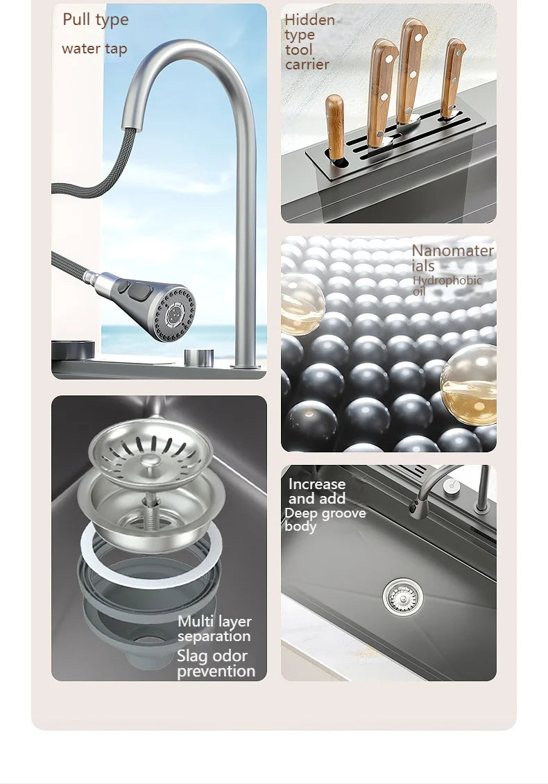 Wasserfall-Küchenspüle aus Edelstahl, extra groß, mit einem Schlitz, multifunktionale Geschirrspülbecken, Unterbaubecken, Tassenwascher