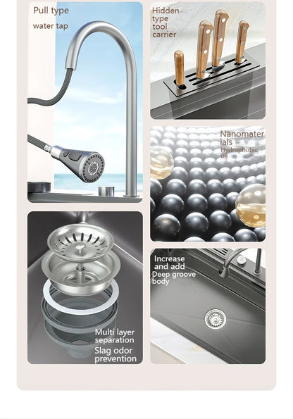 Wasserfall-Küchenspüle aus Edelstahl, extra groß, mit einem Schlitz, multifunktionale Geschirrspülbecken, Unterbaubecken, Tassenwascher