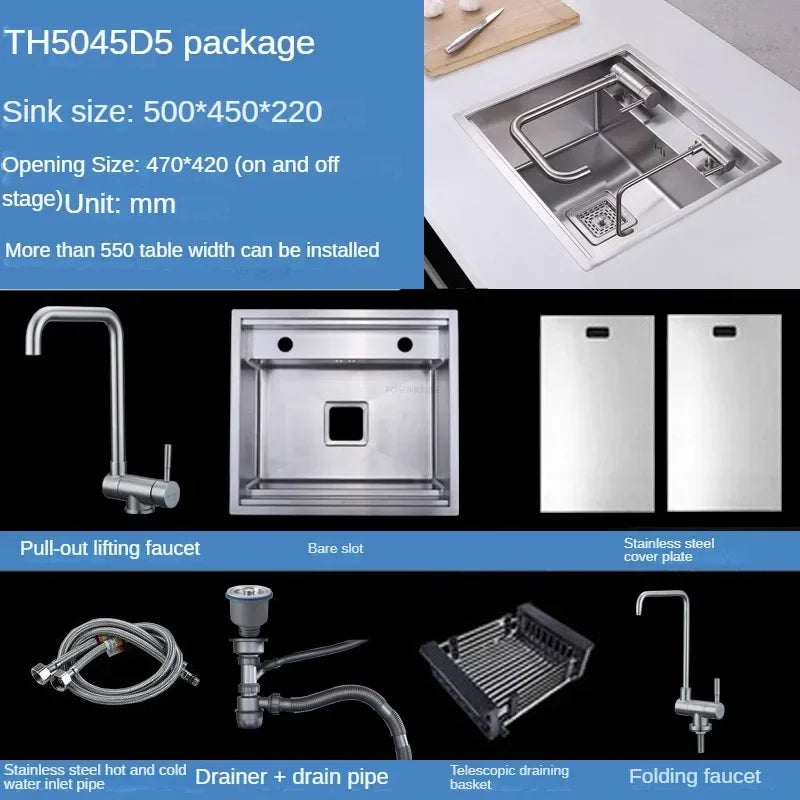 Hidden Stainless Steel Kitchen Sinks Modern Kitchen Accessories with Cover Kitchen Sink Dish Drainer Light Luxury Single Tank L