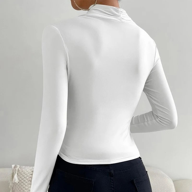 Sexy Elegant Fall Winter Long Sleeve Cross Pleated Pullover Women's Modal Solid Color Irregular Tops Street Daily Versatile Tees