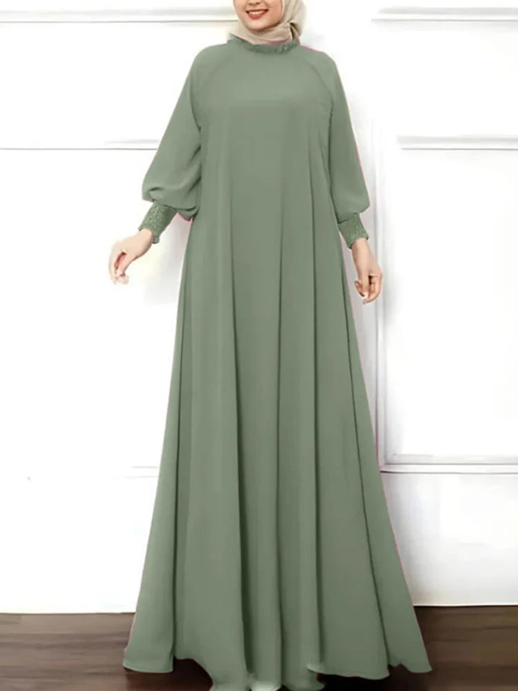 ZANZEA Islamic Hijab Elegant Vestidos Muslim Fashion Shirring Cuff Women Long Sleeve Maxi Dress Solid Ruffled O Neck Abaya Robes.