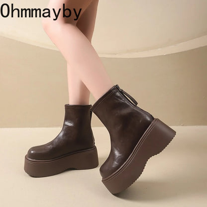 Autumn Winter Chunky Heel Women Short Boots Vintage Round Toe Platform Shoes Ladies Short Plush Gothic Ankle Booties.