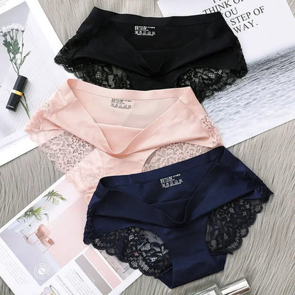 2 Articles Ice Silk Panties Female Mid-waist Non-marking Lace Cotton Crotch Skin-friendly Large Size Breathable Ultra-thin Young.