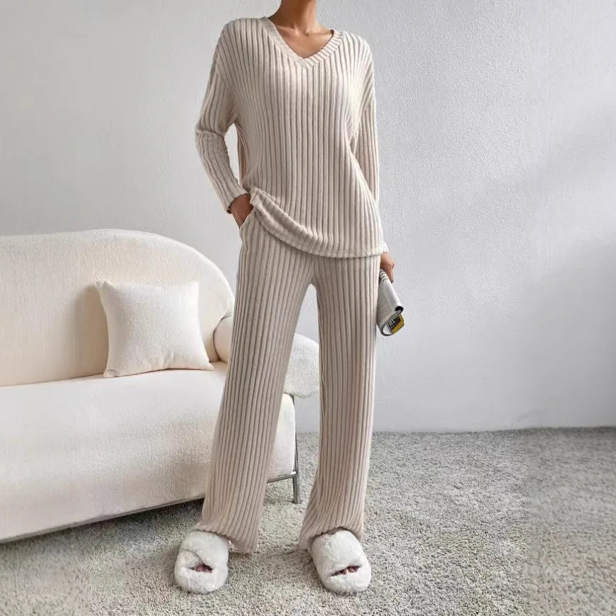 Autumn Winter Ribbed Knit Two Piece Set Womens V Neck Long Sleeve Top Wide Leg Pants Loungewear Casual Solid Color Outfit.