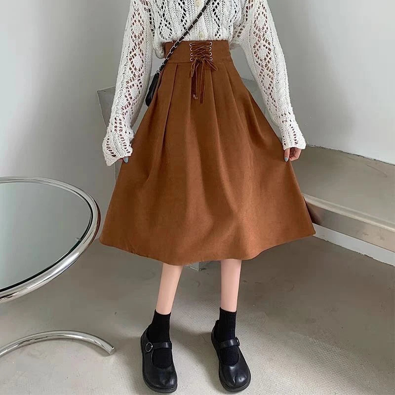 Preppy Style Vintage Long Skirts Women High Waist Sweet Loose A Line Skirt Lace Up Retro Fall Winter Female Elegant Long Skirts.