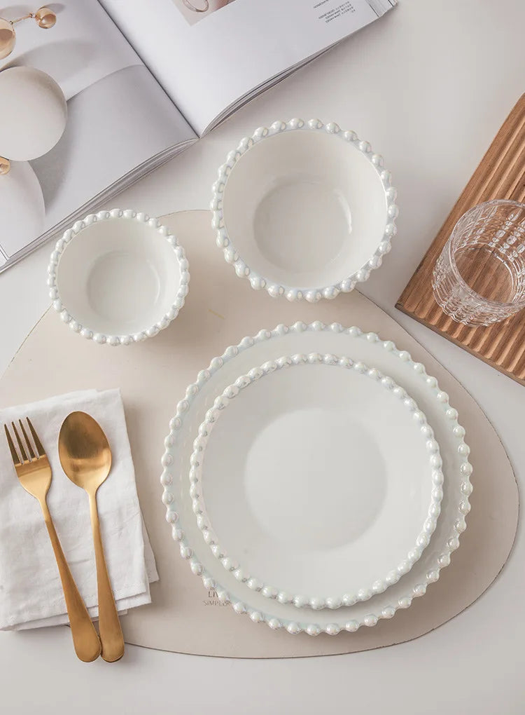 Ceramic Tableware Set Nordic Creative Pearls Beaded Edge Western Food Snack Plate Rice Bowl Soup Bowl Steak Plate Set Kitchen.