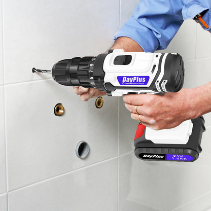 DayPlus Akku-Bohrschrauber-Set, Elektro-Schraubendreher-Bohrer-Set mit 2 variablen Geschwindigkeiten, 25+1 Drehmoment, 21 V Li-Ionen-Akku und Schnellladegerät