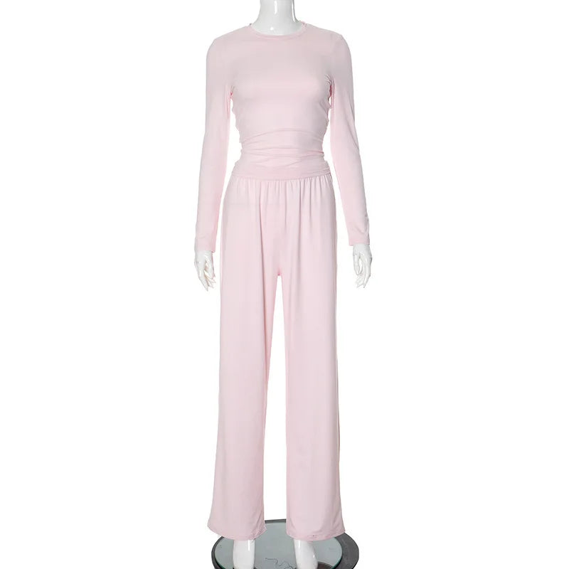 Apprabant Solid Pleated Casual Basic Trousers Set Round Neck Long Sleeve Top Fashion Sports Style High Waist Wide Leg Pants Suit.