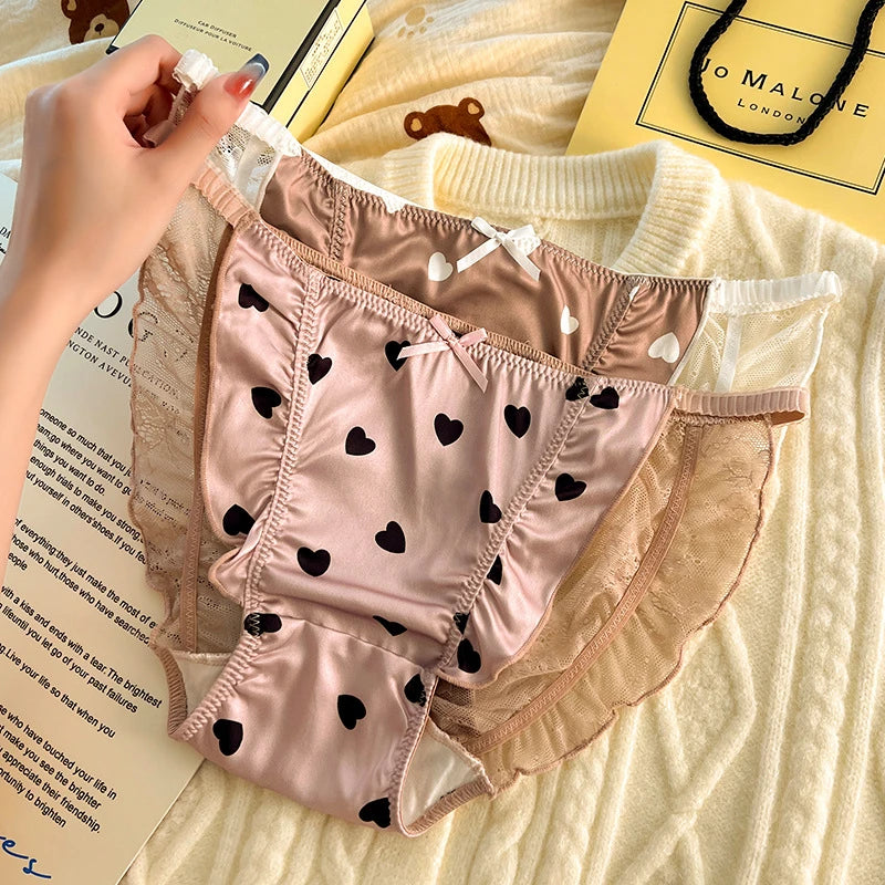 Sexy lingerie women Satin tangas lace ropa interior femenina sweet calzones para mujer plus size panties heart underwear women.